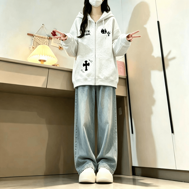 가을 겨울 새로운 학원 스타일 만화 고양이 프린트 후드 지퍼 후드티 루즈핏 오픈 가디건 두꺼운 재킷 상세 이미지 7
