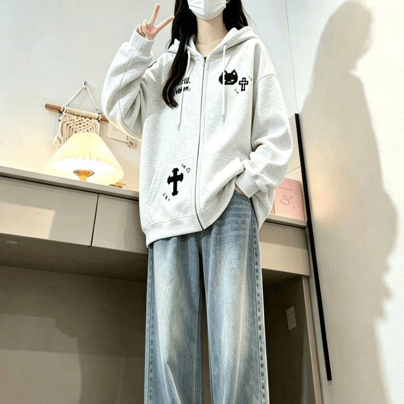 가을 겨울 새로운 학원 스타일 만화 고양이 프린트 후드 지퍼 후드티 루즈핏 오픈 가디건 두꺼운 재킷 상세 이미지 10