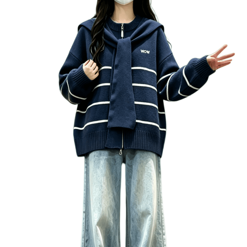 가을 겨울 새로운 한 부서 배색 라운드 넥 스트라이프 숄 페이크 레이어드 니트 카디건 코트 이미지 5