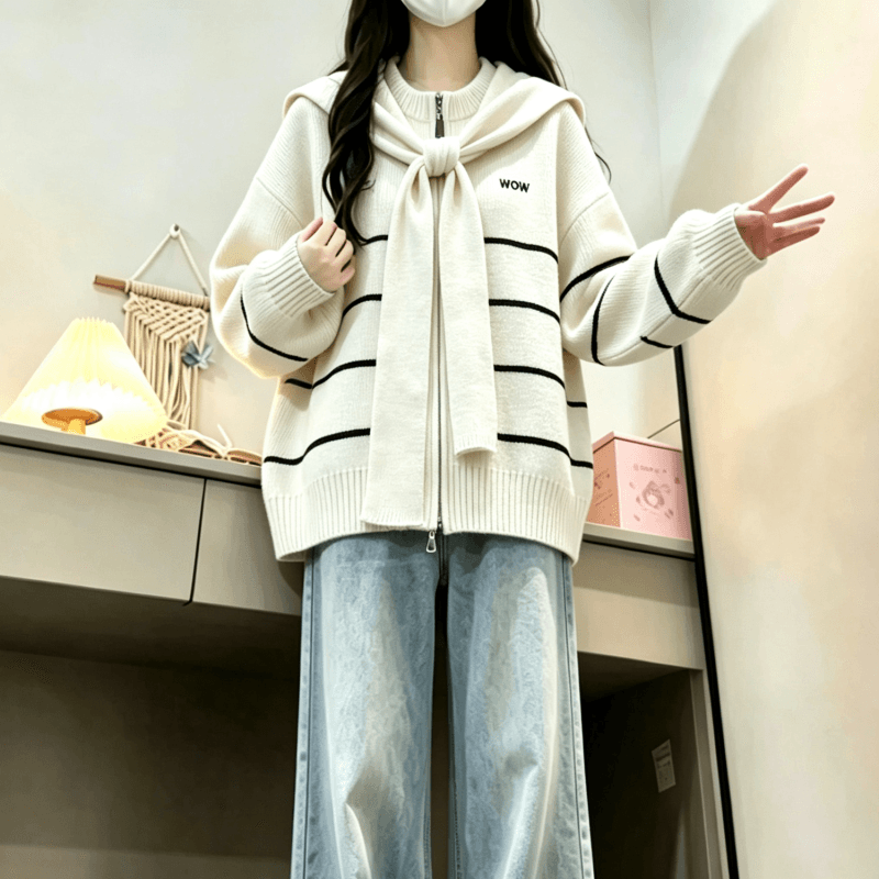 가을 겨울 새로운 한 부서 배색 라운드 넥 스트라이프 숄 페이크 레이어드 니트 카디건 코트 상세 이미지 4