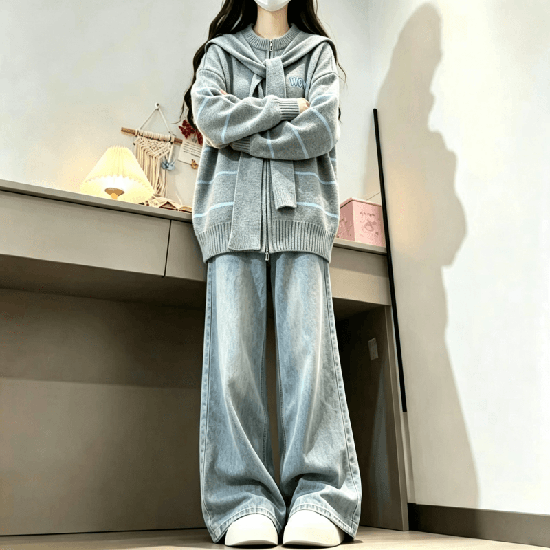 가을 겨울 새로운 한 부서 배색 라운드 넥 스트라이프 숄 페이크 레이어드 니트 카디건 코트 상세 이미지 5