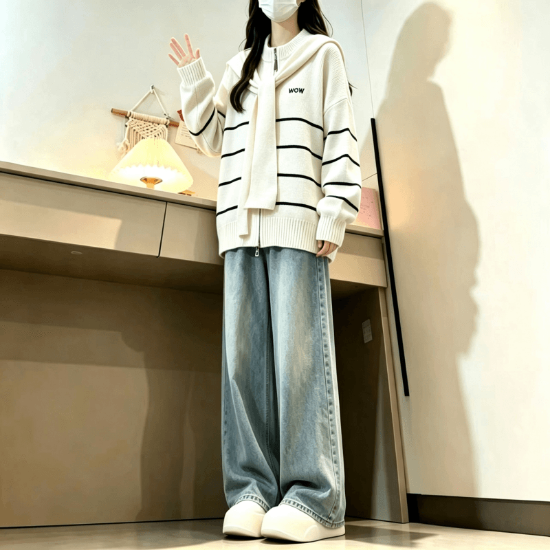 가을 겨울 새로운 한 부서 배색 라운드 넥 스트라이프 숄 페이크 레이어드 니트 카디건 코트 상세 이미지 12