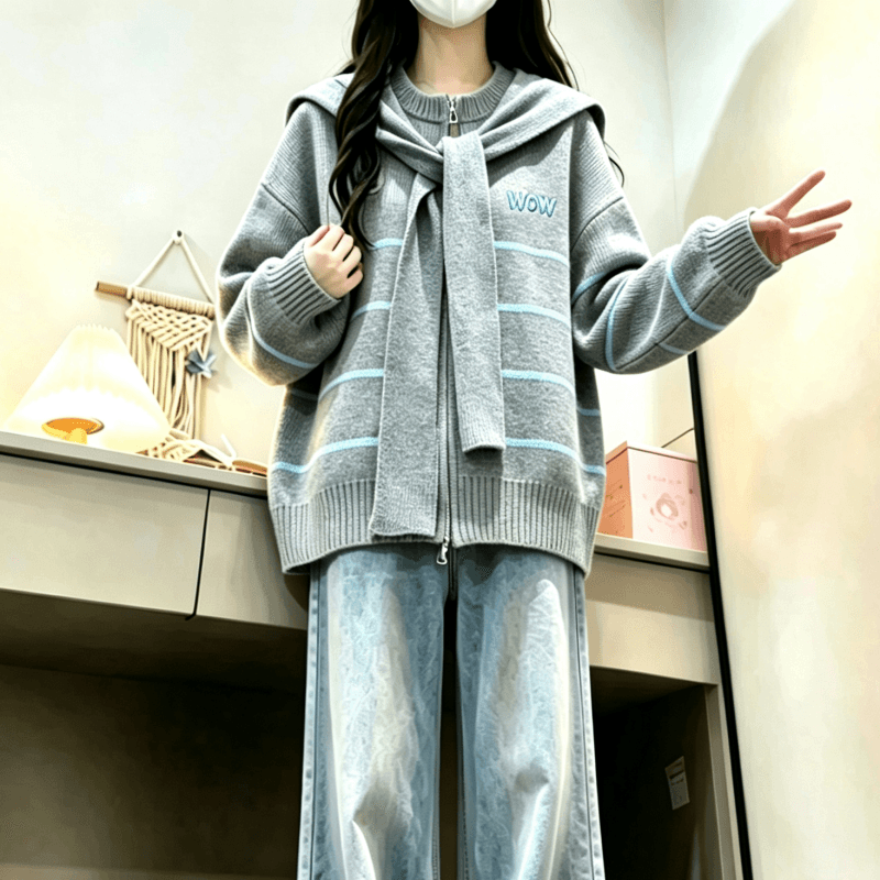 가을 겨울 새로운 한 부서 배색 라운드 넥 스트라이프 숄 페이크 레이어드 니트 카디건 코트 상세 이미지 16