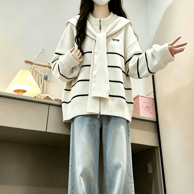 가을 겨울 새로운 한 부서 배색 라운드 넥 스트라이프 숄 페이크 레이어드 니트 카디건 코트