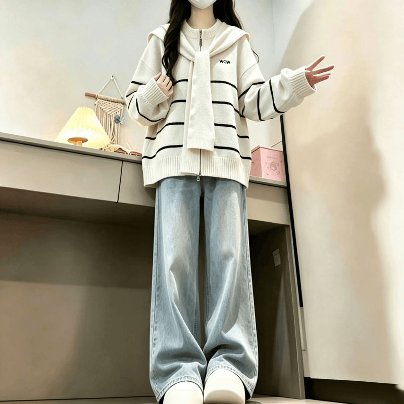 가을 겨울 새로운 한 부서 배색 라운드 넥 스트라이프 숄 페이크 레이어드 니트 카디건 코트 이미지 3