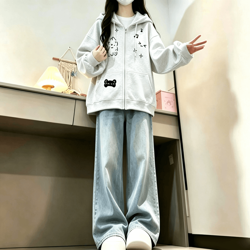 가을 겨울 새로운 학원 스타일 만화 고양이 프린트 후드 지퍼 후드티 루즈핏 오픈 가디건 두꺼운 재킷 상세 이미지 12