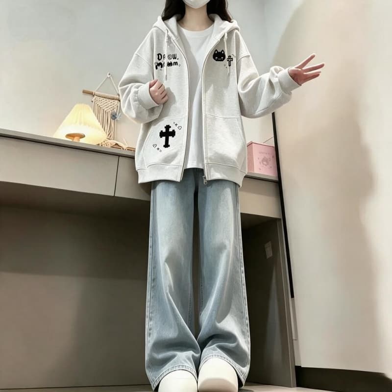 가을 겨울 새로운 학원 스타일 만화 고양이 프린트 후드 지퍼 후드티 루즈핏 오픈 가디건 두꺼운 재킷 상세 이미지 12