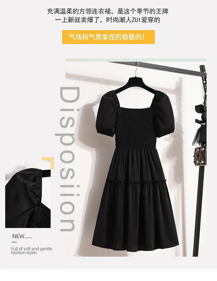 빅 사이즈 프랑스식 거품 소매 광장 칼라 드레스 여름 허리 수축 슬림해 보이는 품격 그는 벤 바람 작은 검은 드레스 상세 이미지 3