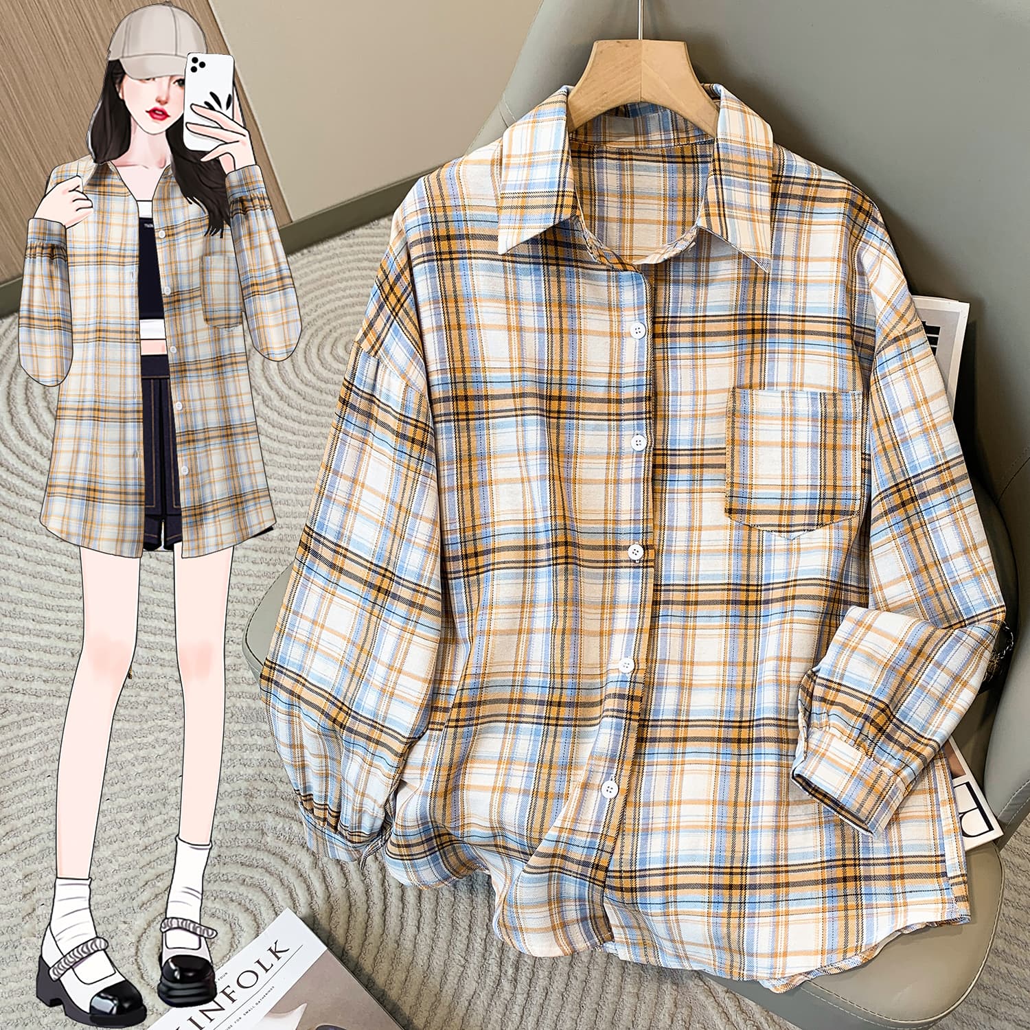 5126 실사 레트로 항구 바람 격자 무늬 셔츠 여성 디자인 센스 작은 대중 POLO 칼라 긴팔 셔츠 루즈핏 맨위 이미지 2