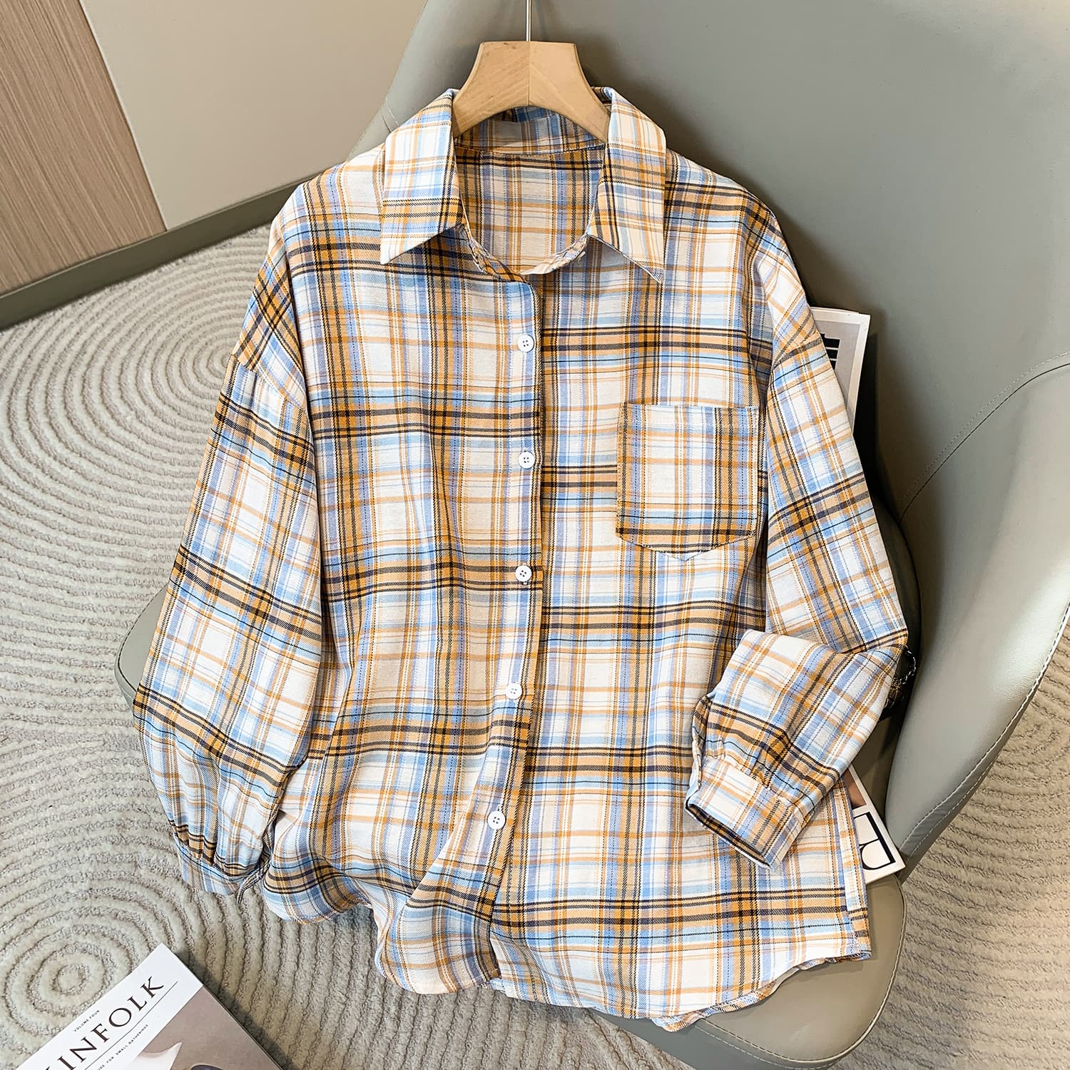 5126 실사 레트로 항구 바람 격자 무늬 셔츠 여성 디자인 센스 작은 대중 POLO 칼라 긴팔 셔츠 루즈핏 맨위 이미지 3