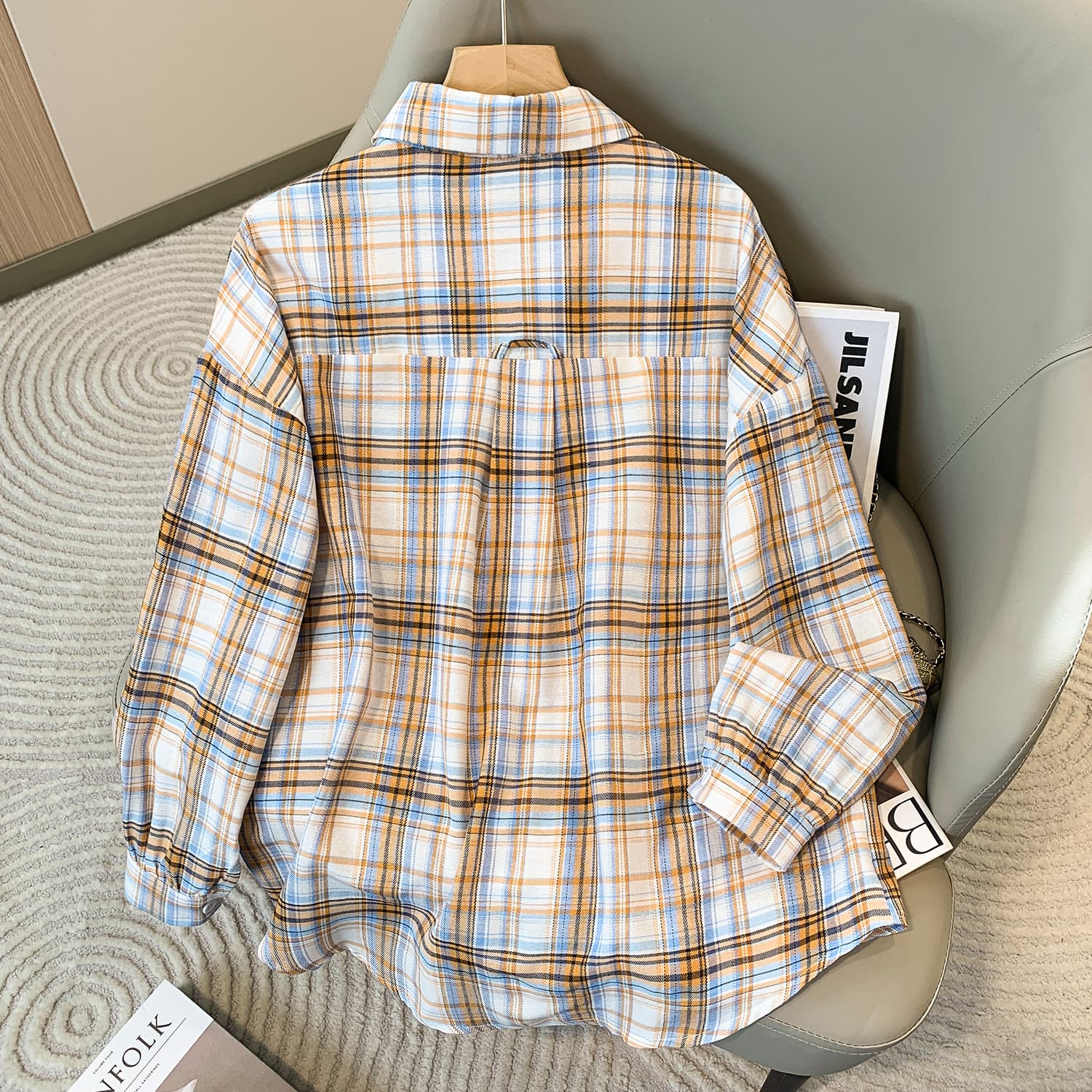 5126 실사 레트로 항구 바람 격자 무늬 셔츠 여성 디자인 센스 작은 대중 POLO 칼라 긴팔 셔츠 루즈핏 맨위 이미지 4