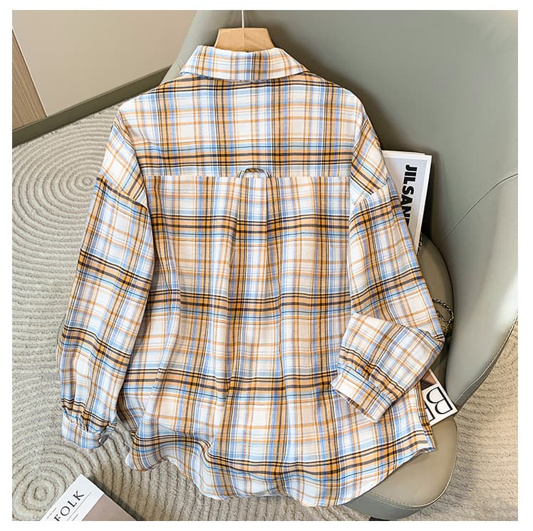 5126 실사 레트로 항구 바람 격자 무늬 셔츠 여성 디자인 센스 작은 대중 POLO 칼라 긴팔 셔츠 루즈핏 맨위 상세 이미지 5