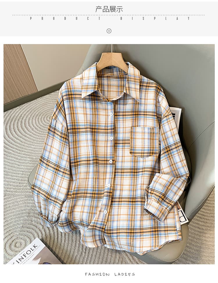 5126 실사 레트로 항구 바람 격자 무늬 셔츠 여성 디자인 센스 작은 대중 POLO 칼라 긴팔 셔츠 루즈핏 맨위 상세 이미지 9