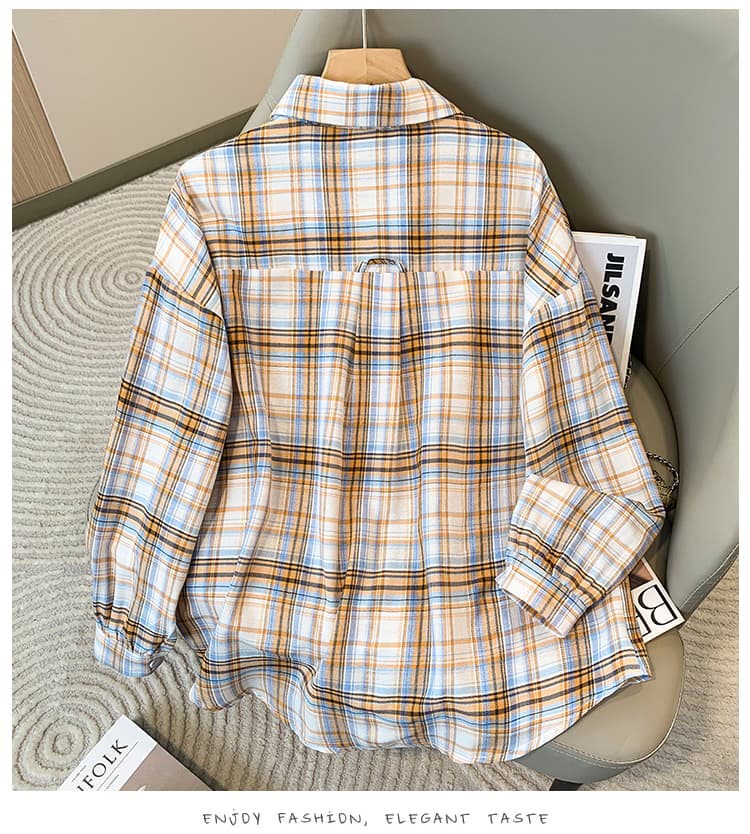 5126 실사 레트로 항구 바람 격자 무늬 셔츠 여성 디자인 센스 작은 대중 POLO 칼라 긴팔 셔츠 루즈핏 맨위 상세 이미지 10