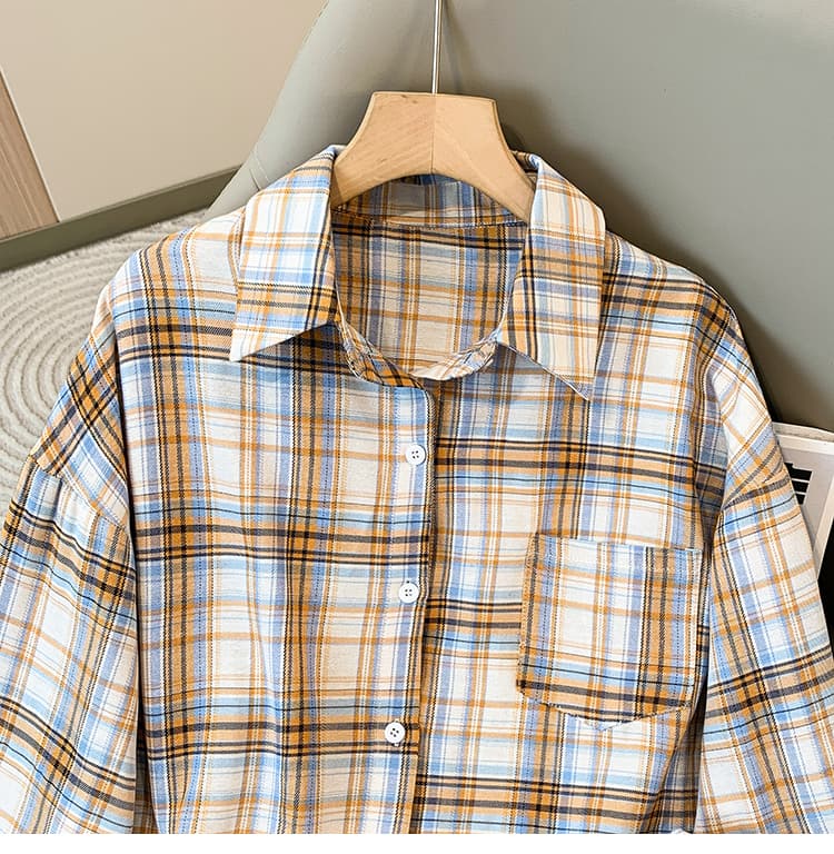 5126 실사 레트로 항구 바람 격자 무늬 셔츠 여성 디자인 센스 작은 대중 POLO 칼라 긴팔 셔츠 루즈핏 맨위 상세 이미지 11