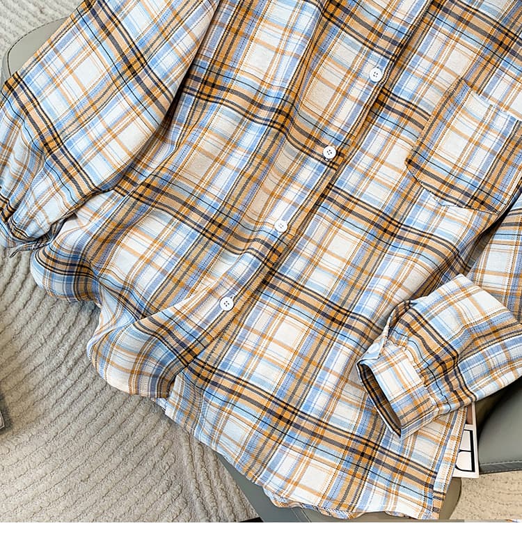 5126 실사 레트로 항구 바람 격자 무늬 셔츠 여성 디자인 센스 작은 대중 POLO 칼라 긴팔 셔츠 루즈핏 맨위 상세 이미지 14
