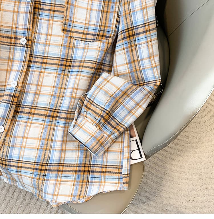 5126 실사 레트로 항구 바람 격자 무늬 셔츠 여성 디자인 센스 작은 대중 POLO 칼라 긴팔 셔츠 루즈핏 맨위 상세 이미지 15