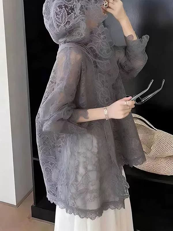 프랑스식 낭만주의 회색 레이스 자수 자외선 차단 여성 셔츠 새로운 외국 가스 마이크로 ~을 통해 디자인 슬림해 보이는 후드 맨위 여름 이미지 2