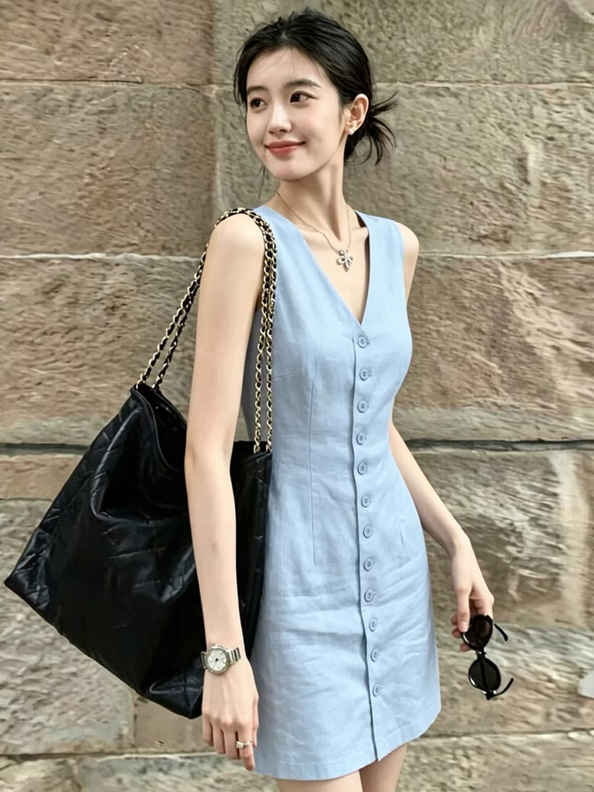 한국 스타일 익스트림 제인 바람 아마 파란색 민소매 여성 드레스 싱글 줄 버튼 허리 수축 슬림해 보이는 오래된 돈 바람 작은 키 미니 스커트 이미지 2