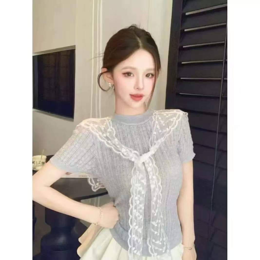 파란색 레이스 숄 니트 반팔 티셔츠 여성 봄 여름 새로운 부드러운 바람 품격 다용도 몸매 가꾸기 슬림해 보이는 맨위