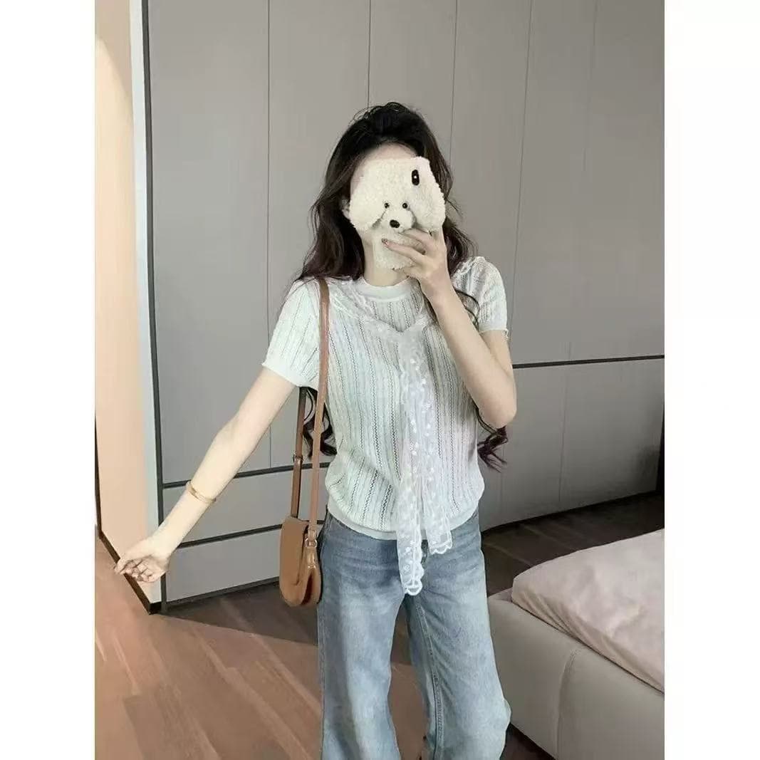 파란색 레이스 숄 니트 반팔 티셔츠 여성 봄 여름 새로운 부드러운 바람 품격 다용도 몸매 가꾸기 슬림해 보이는 맨위 이미지 2