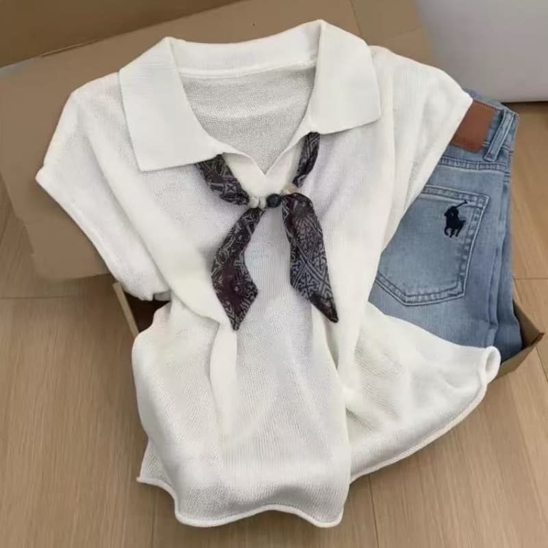 오래된 돈 바람 주간 실크 아마 POLO 칼라 패션 얇은 스타일 니트 반팔 여름 새로운 루즈핏 쇼트 스타일 맨위 티셔츠 이미지 5