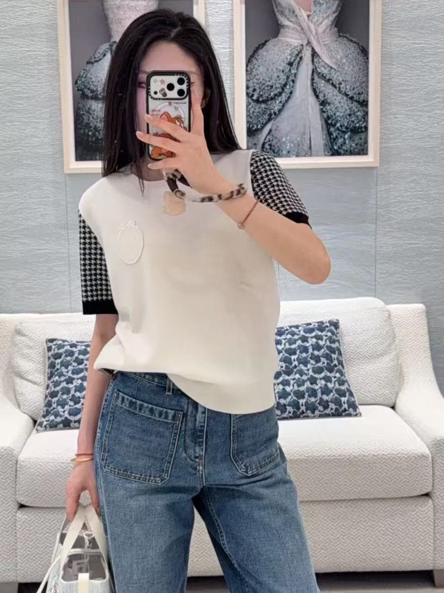 선전 남쪽 기름 고급 여성 의류 클래식 하운드투스 체크 자카드 패치워크 색상 나비 매듭 알파벳 풀오버 반팔 니트 스웨터 여성 상세 이미지 2