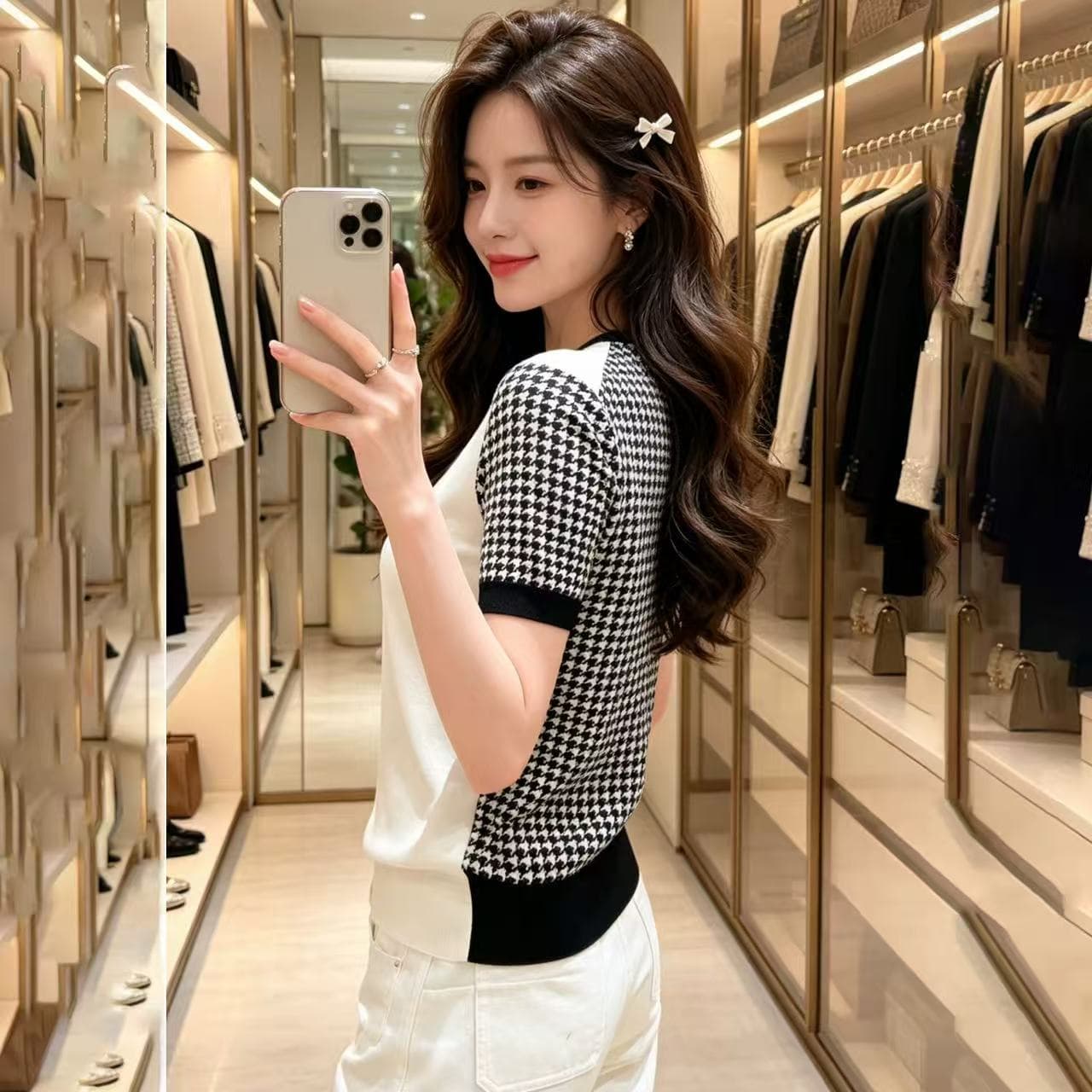 선전 남쪽 기름 고급 여성 의류 클래식 하운드투스 체크 자카드 패치워크 색상 나비 매듭 알파벳 풀오버 반팔 니트 스웨터 여성 상세 이미지 4