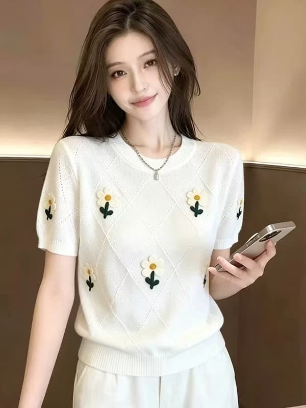 뮤 토끼 한 부서 얇은 스타일 3 차원 꽃 니트 스웨터 여성 2026 여름 새로운 캐주얼 루즈핏 반팔 티셔츠 맨위 이미지 2