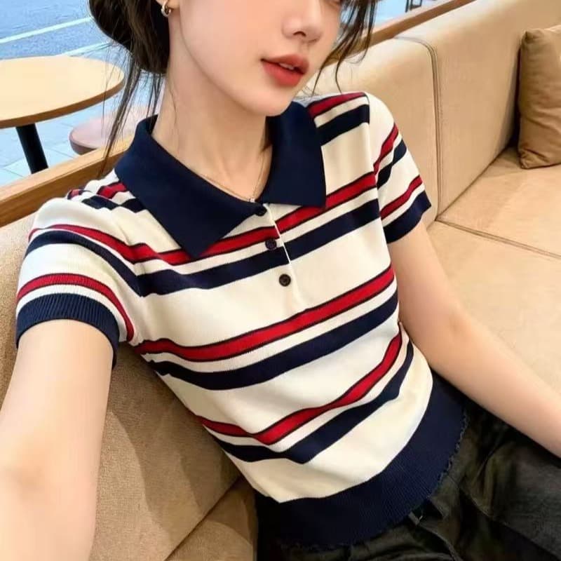 보존 섹션 추천 한 부서 레트로 배색 스트라이프 니트 스웨터 여성 여름 학원 스타일 패션 POLO 칼라 맨위 이미지 5