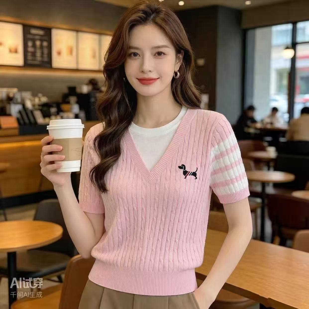 여름 새로운 라운드 넥 페이크 레이어드 가슴 강아지 자수 꽈배기 반팔 니트 맨위 몸매 가꾸기 슬림해 보이는