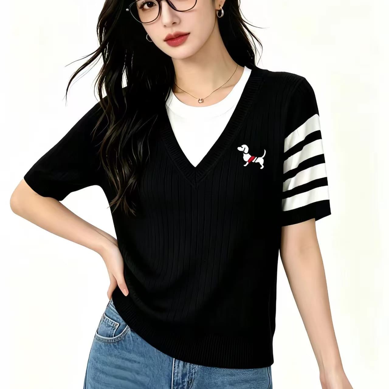 여름 새로운 라운드 넥 페이크 레이어드 가슴 강아지 자수 꽈배기 반팔 니트 맨위 몸매 가꾸기 슬림해 보이는 이미지 5