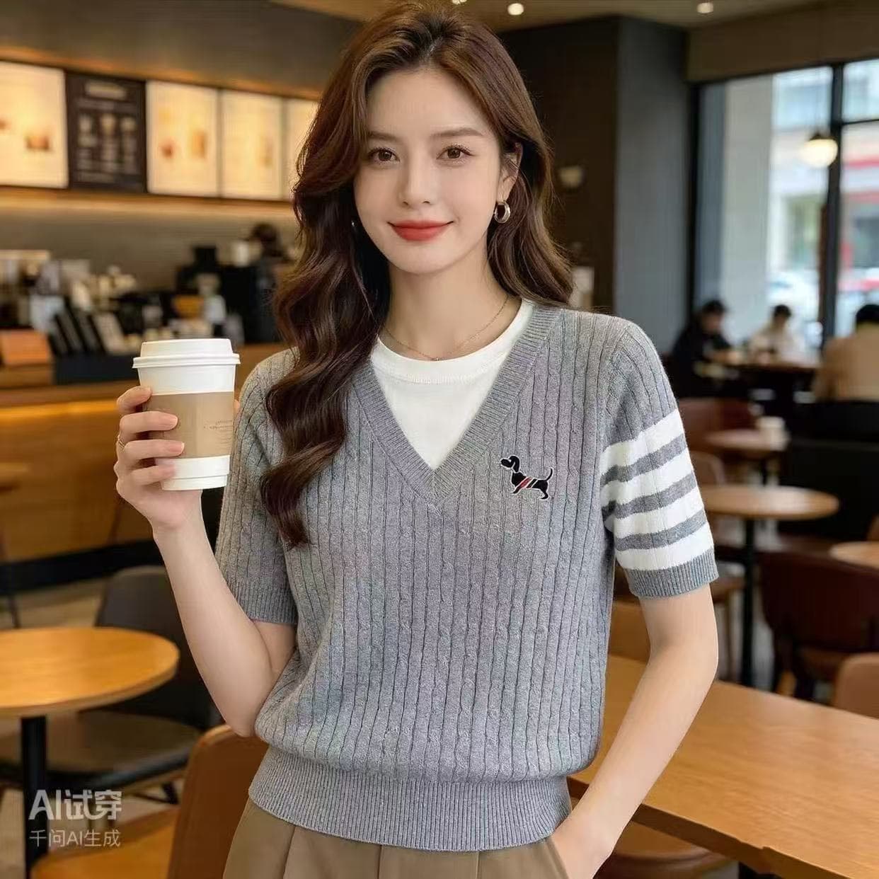 여름 새로운 라운드 넥 페이크 레이어드 가슴 강아지 자수 꽈배기 반팔 니트 맨위 몸매 가꾸기 슬림해 보이는 상세 이미지 3