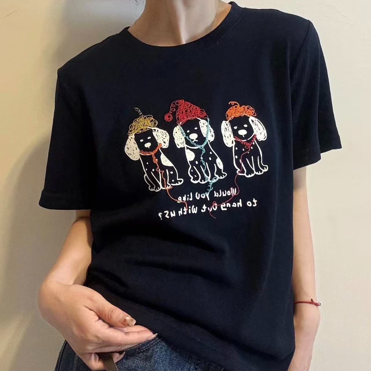 만화 귀여운 모자 착용 강아지 프린트 반팔 티셔츠 여성 여름 새로운 라운드 넥 동정 기본 셔츠 인사이드 잡아라. 의류 이미지 5