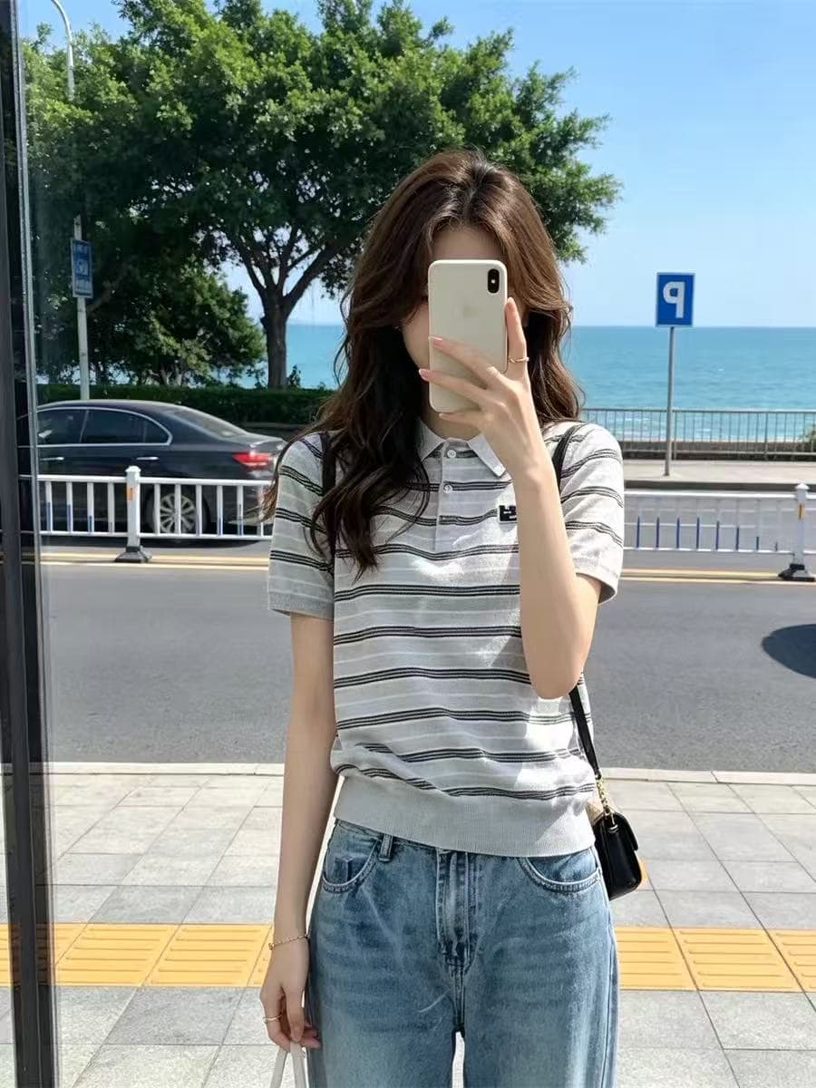 아메리칸 스트라이프 자수 POLO 칼라 니트 스웨터 반팔 티셔츠 여성 여름 몸매 가꾸기 슬림해 보이는 학원 스타일 쇼트 스타일 맨위 상세 이미지 3