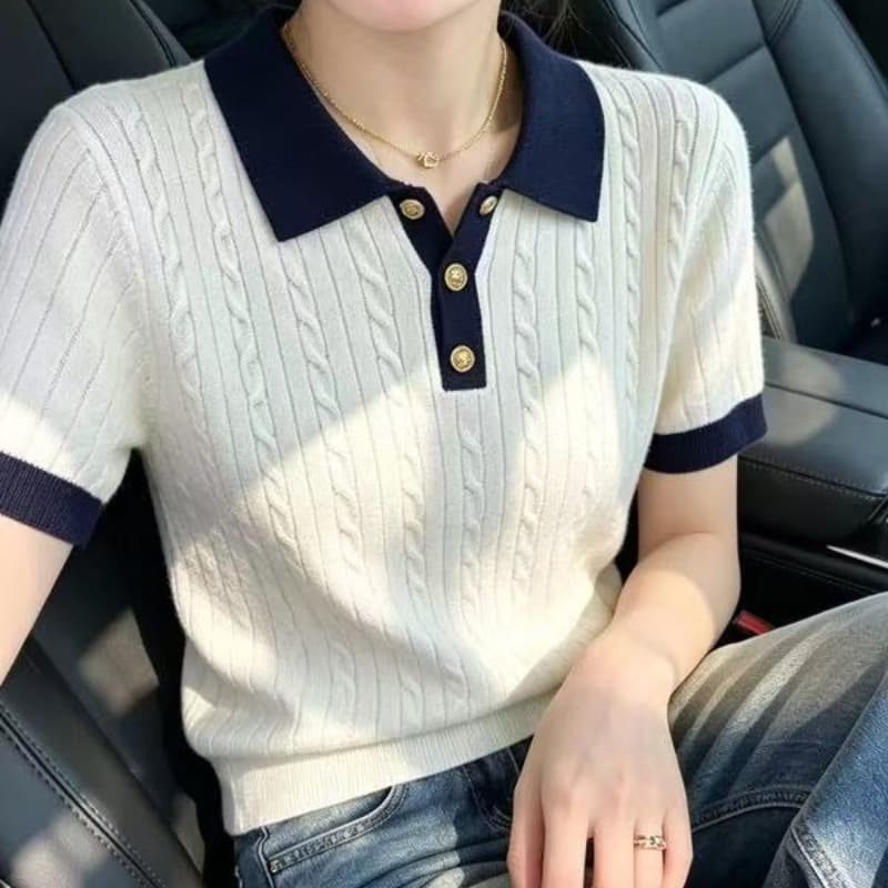 자이언트 잘 생긴 얼음 실크 POLO 셔츠 티셔츠 여성 여름 얇은 스타일 작은 키 꽈배기 니트 반팔 폴로 칼라 쇼트 스타일 맨위 이미지 5