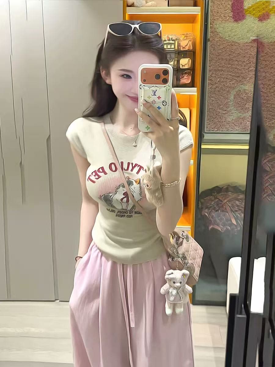 기타 색상 달콤함 재미있는 프린트 몸매 가꾸기 니트 반팔 티셔츠 여성 여름 몸매 가꾸기 슬림해 보이는 핫걸 바람 쇼트 스타일 맨위 상세 이미지 2
