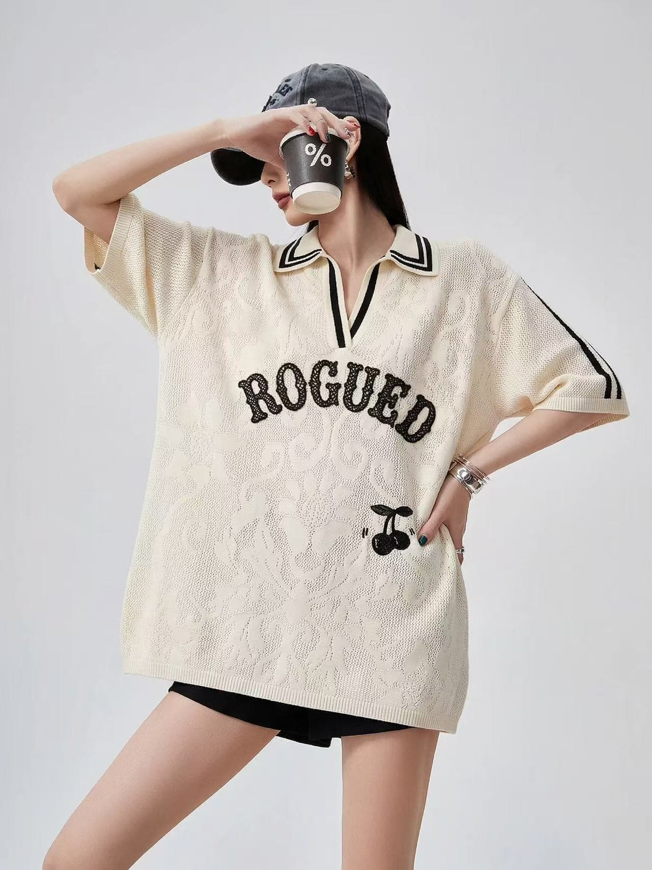 캐주얼 바람 가을 어깨 소매 알파벳 티셔츠 2026 년 여름 새로운 디자인 센스 POLO 칼라 루즈핏 중간 길이 맨위 상세 이미지 1