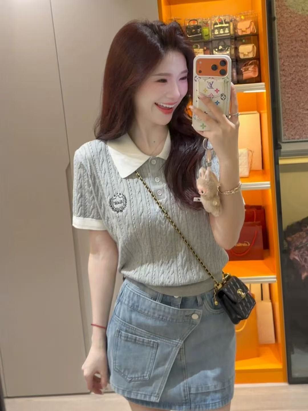 한 부서 배색 POLO 칼라 자수 꽈배기 반팔 니트 스웨터 여성 여름 새로운 고급 센스 연령 감소 아름다운 맨위 이미지 2