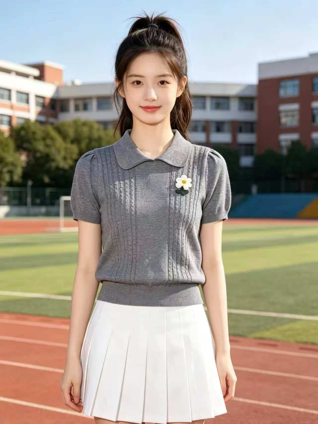 한 부서 꽈배기 자수 polo 반팔 긍정적 인 어깨 니트 스웨터 티셔츠 여성 여름 고급 센스 고유 한 Chic 쇼트 스타일 맨위 이미지 4