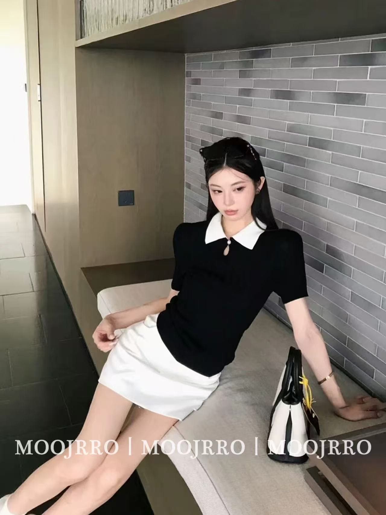 검정색 폴로 칼라 반팔 티셔츠 여성 여름 프랑스식 고급 센스 핫걸 몸매 가꾸기 슬림해 보이는 작은 키 쇼트 스타일 니트 맨위 상세 이미지 1
