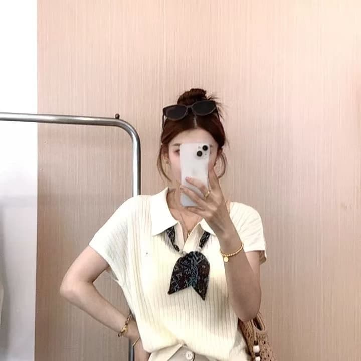 보내기 스카프 새로운 여름 다용도 슬림해 보이는 니트 POLO 칼라 반팔 얇은 스타일 디자인 센스 맨위 여성 의류 이미지 2