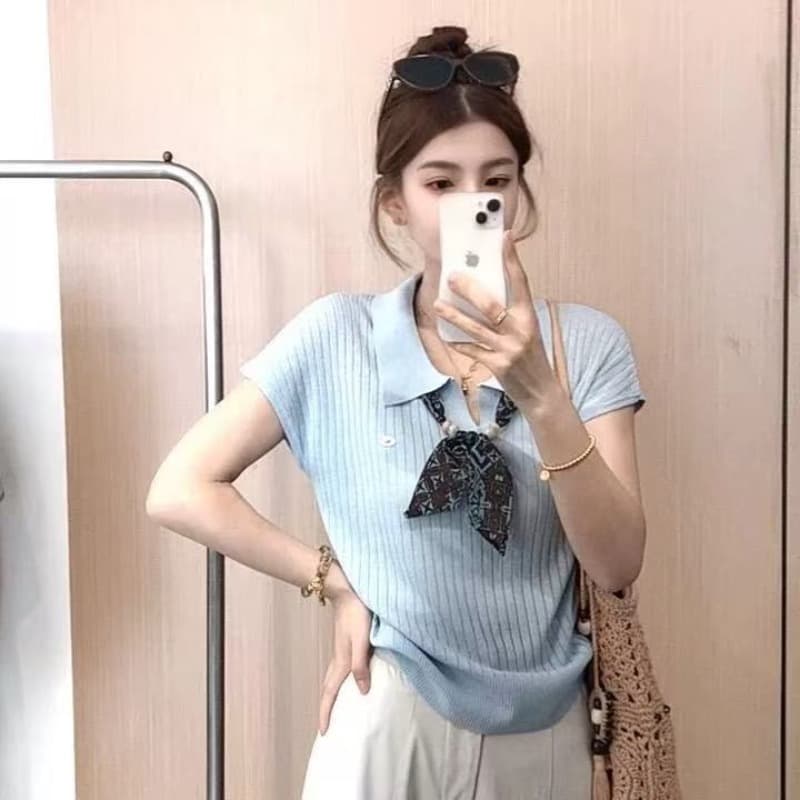 보내기 스카프 새로운 여름 다용도 슬림해 보이는 니트 POLO 칼라 반팔 얇은 스타일 디자인 센스 맨위 여성 의류 이미지 5