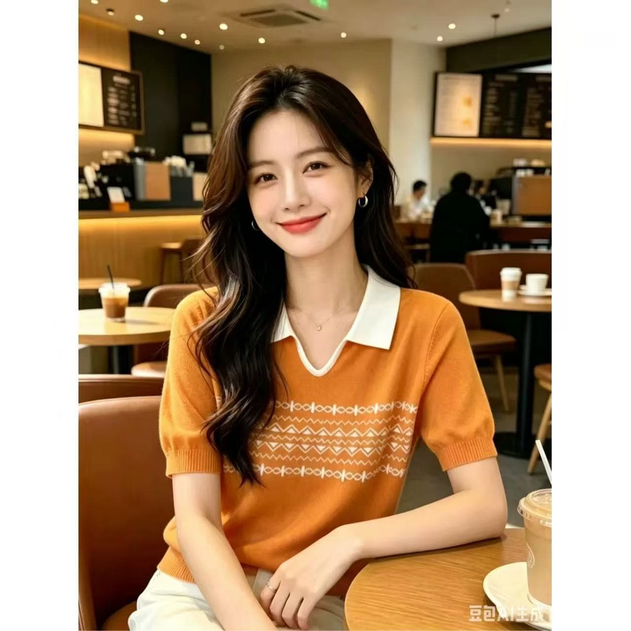 폴로 칼라 패션 니트 스웨터 여름 새로운 풀오버 기하학 패턴 루즈핏 슬림해 보이는 반팔 얇은 스웨터 캐주얼 맨위 상세 이미지 2