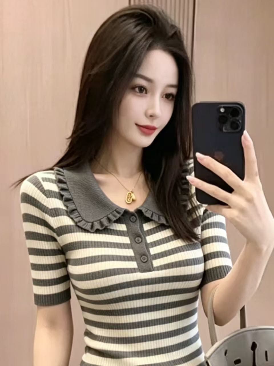 올해 인기 ~ 중 폭발 여성 의류 여름 2026 새로운 베이비 칼라 스트라이프 고유 한 아름다운 슈퍼 잘 생긴 맨위 여성 이미지 3