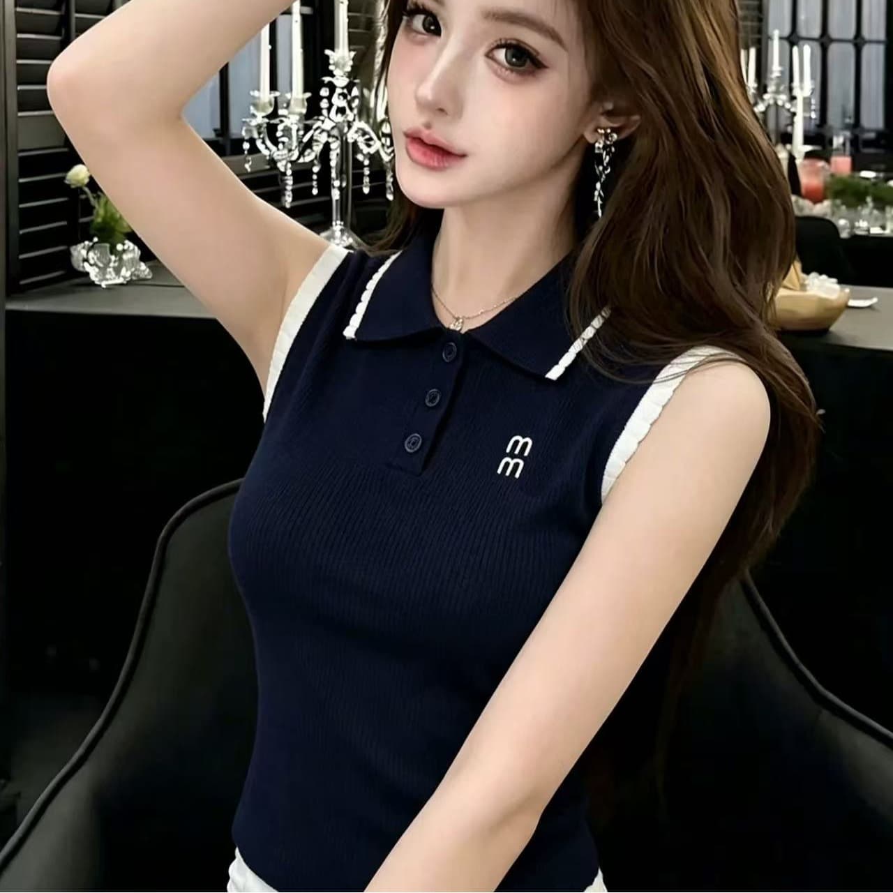 lym studio 한 부서 학원 스타일 POLO 칼라 민소매 티셔츠 여성 화이트 폴로 칼라 슬림해 보이는 다용도 맨위 이미지 5