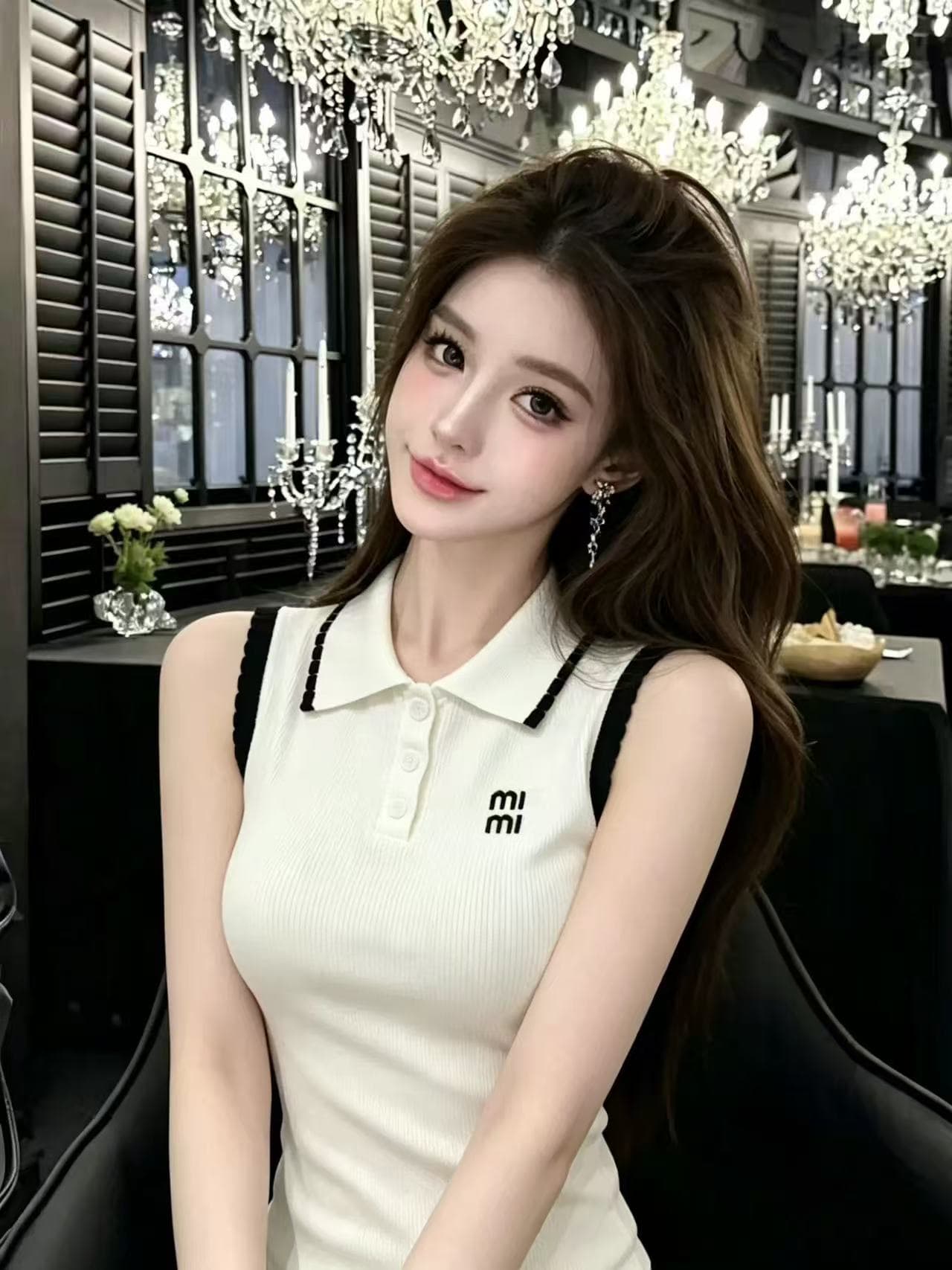 lym studio 한 부서 학원 스타일 POLO 칼라 민소매 티셔츠 여성 화이트 폴로 칼라 슬림해 보이는 다용도 맨위 상세 이미지 2
