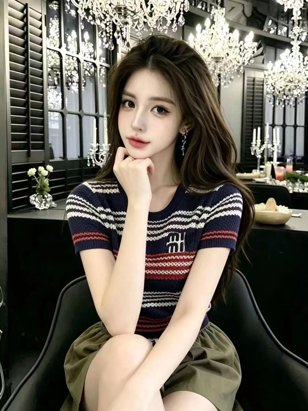 liheyu 한국 스타일 배색 스트라이프 라운드 넥 니트 스웨터 여성 여름 새로운 홀로우 아웃 알파벳 프린트 쇼트 스타일 맨위 상세 이미지 2