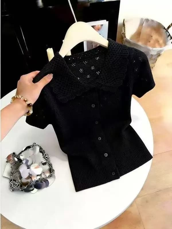프랑스식 달콤함 베이비 칼라 홀로우 아웃 니트 반팔 티셔츠 여성 여름 2026 새로운 디자인 센스 몸매 가꾸기 슬림해 보이는 맨위 상세 이미지 5
