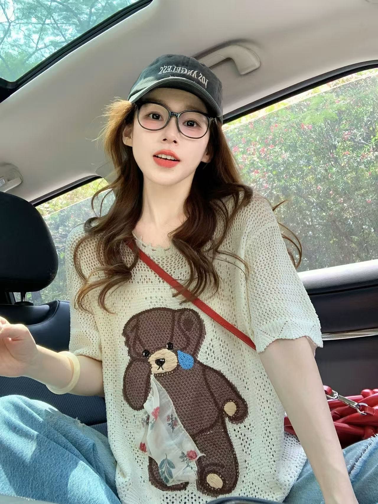 레트로 작은 곰 자수 니트 스웨터 여성 2026 새로운 여름 달콤함 연령 감소 루즈핏 다용도 반팔 맨위 ins 이미지 3